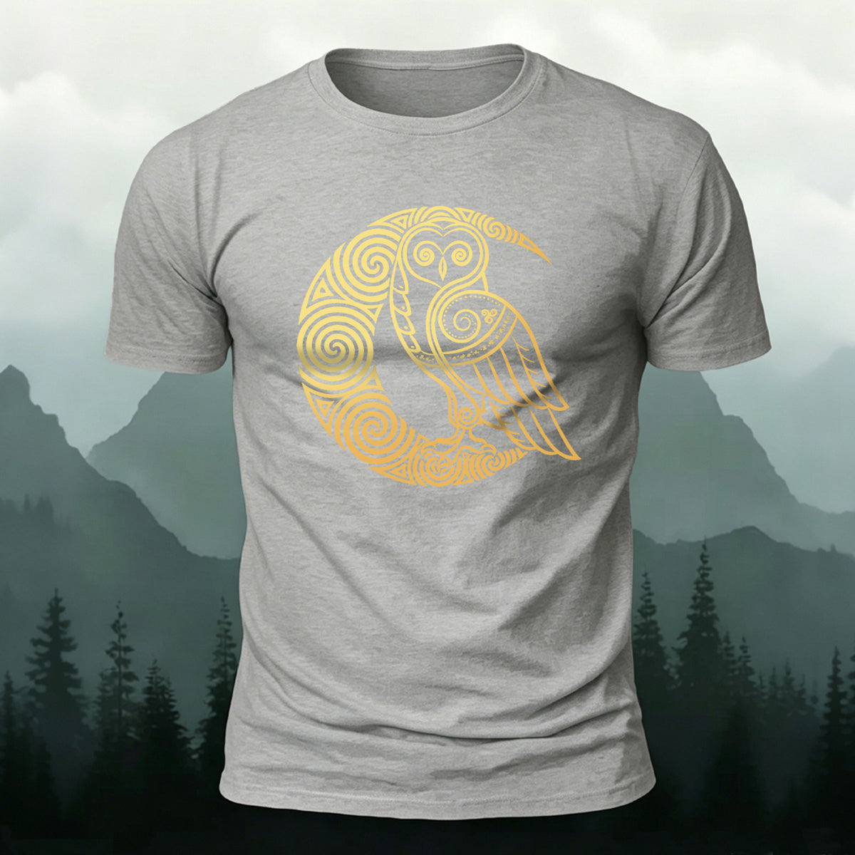 Creative Celtic Owl Moon Printed Premium Cotton T‑shirt