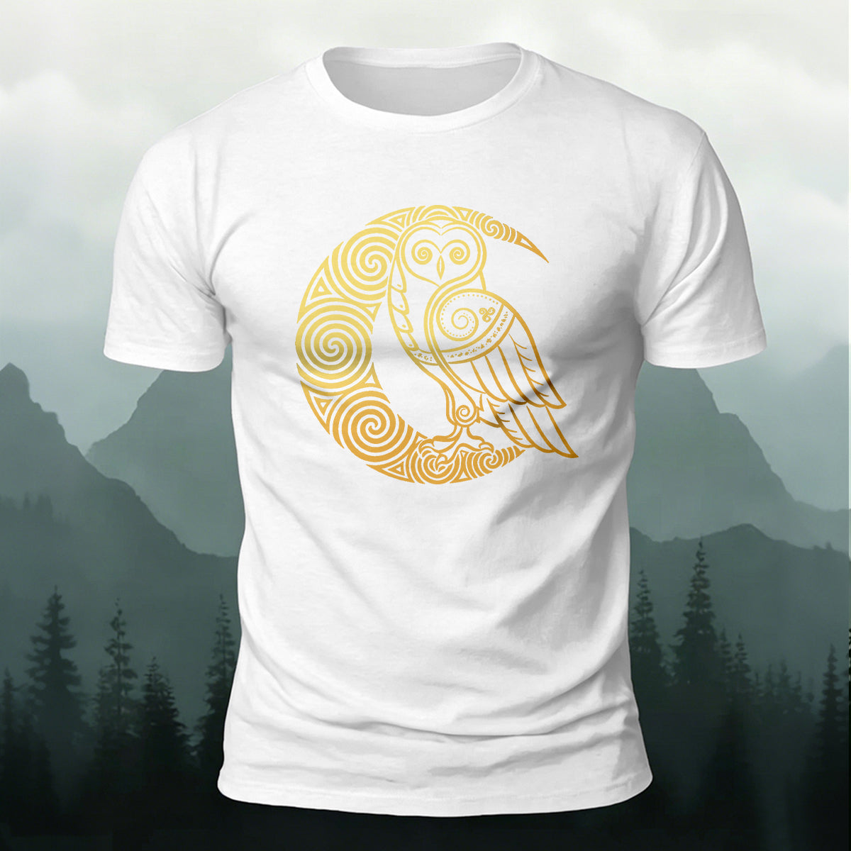 Creative Celtic Owl Moon Printed Premium Cotton T‑shirt