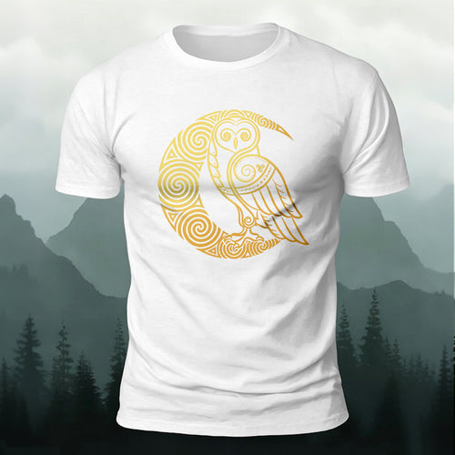 Creative Celtic Owl Moon Printed Premium Cotton T‑shirt
