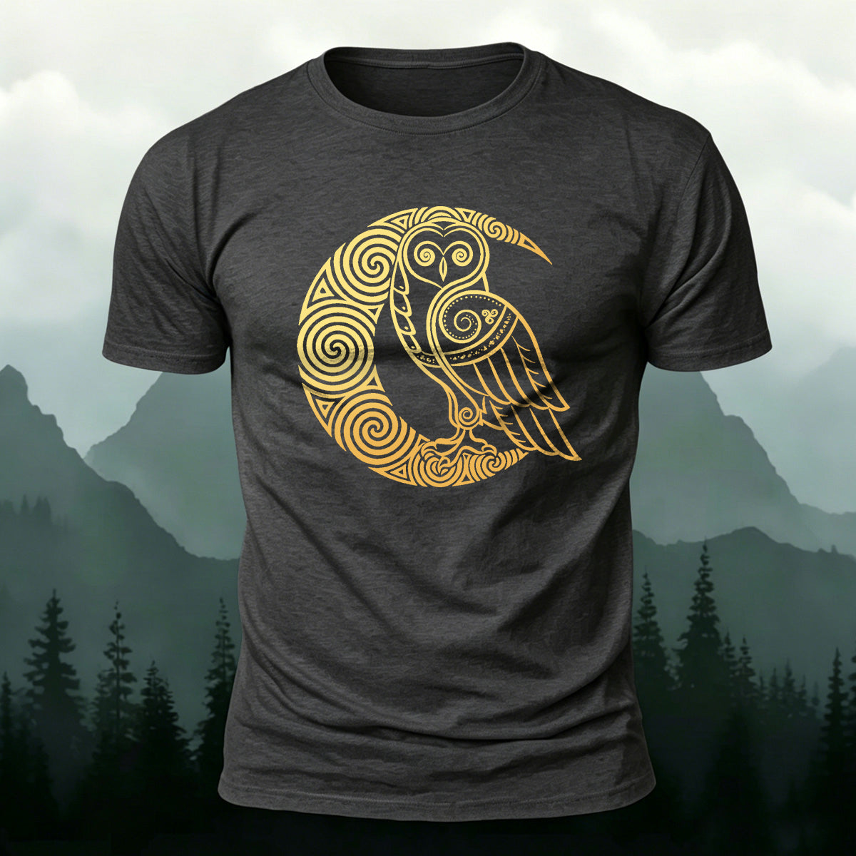 Creative Celtic Owl Moon Printed Premium Cotton T‑shirt
