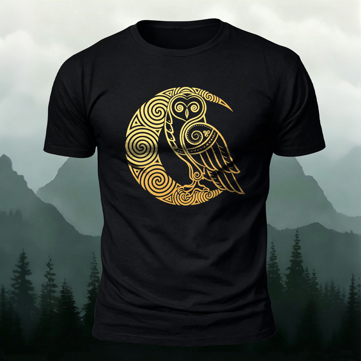 Creative Celtic Owl Moon Printed Premium Cotton T‑shirt