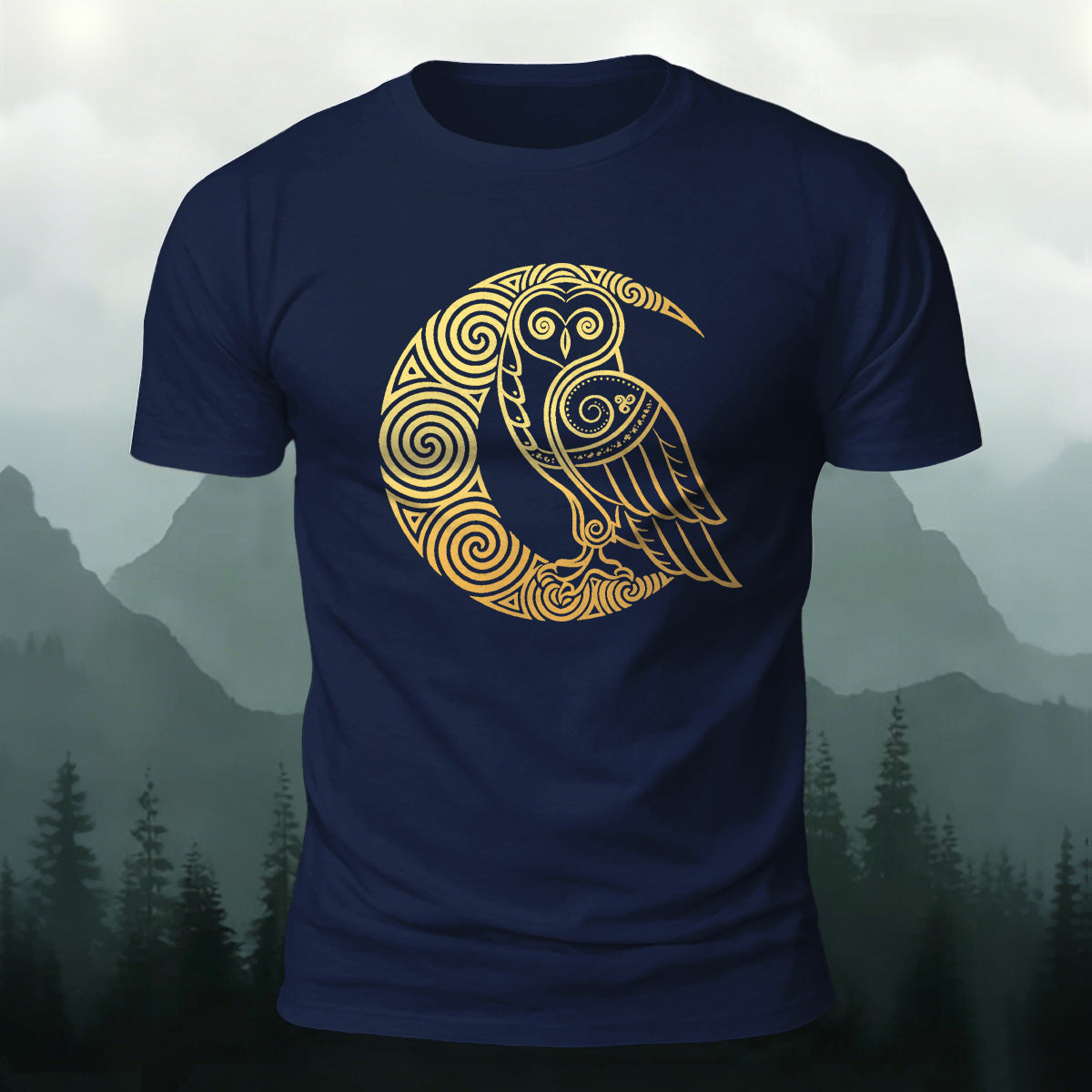 Creative Celtic Owl Moon Printed Premium Cotton T‑shirt