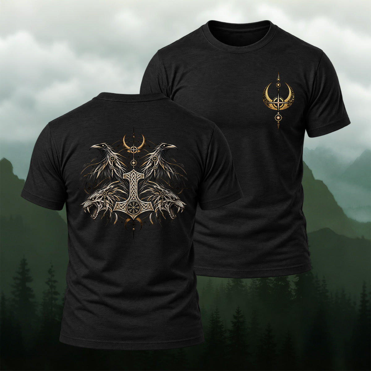 Mythic Nordic Raven Wolf Soft Cotton T-Shirt