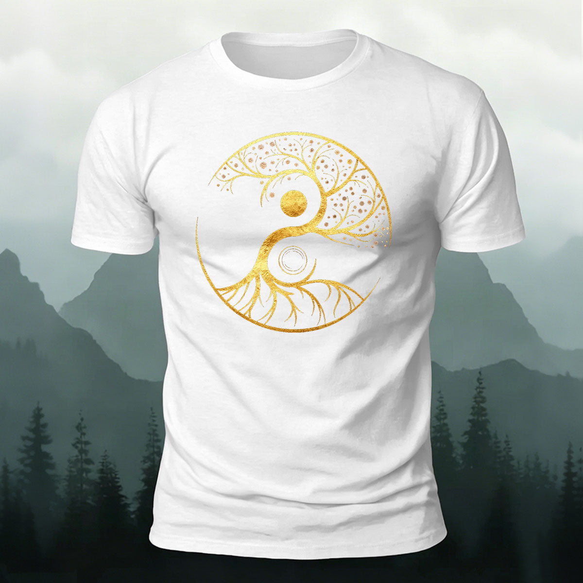 Creative Yin Yang Tree of Life Printed Premium Cotton T‑shirt