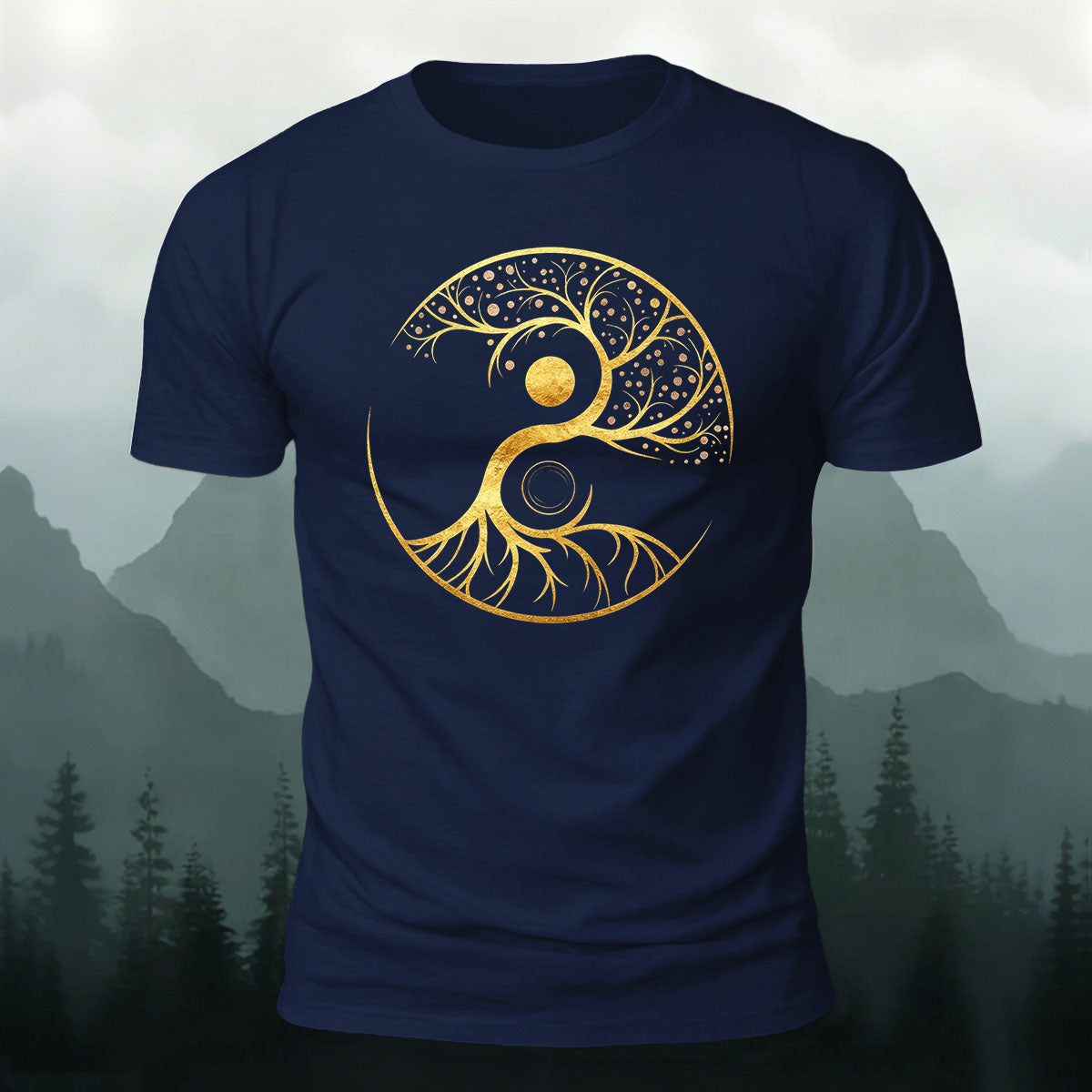 Creative Yin Yang Tree of Life Printed Premium Cotton T‑shirt