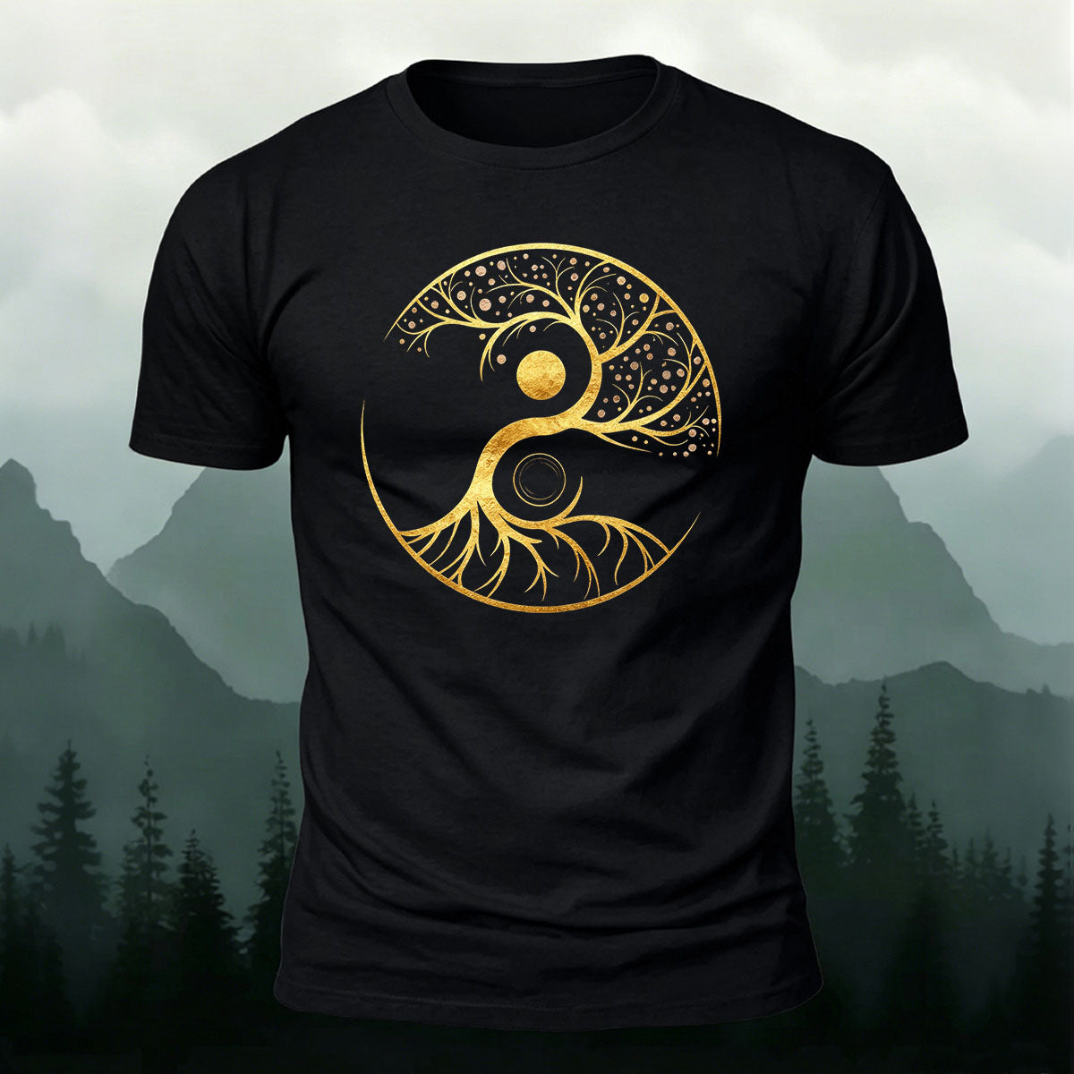 Creative Yin Yang Tree of Life Printed Premium Cotton T‑shirt