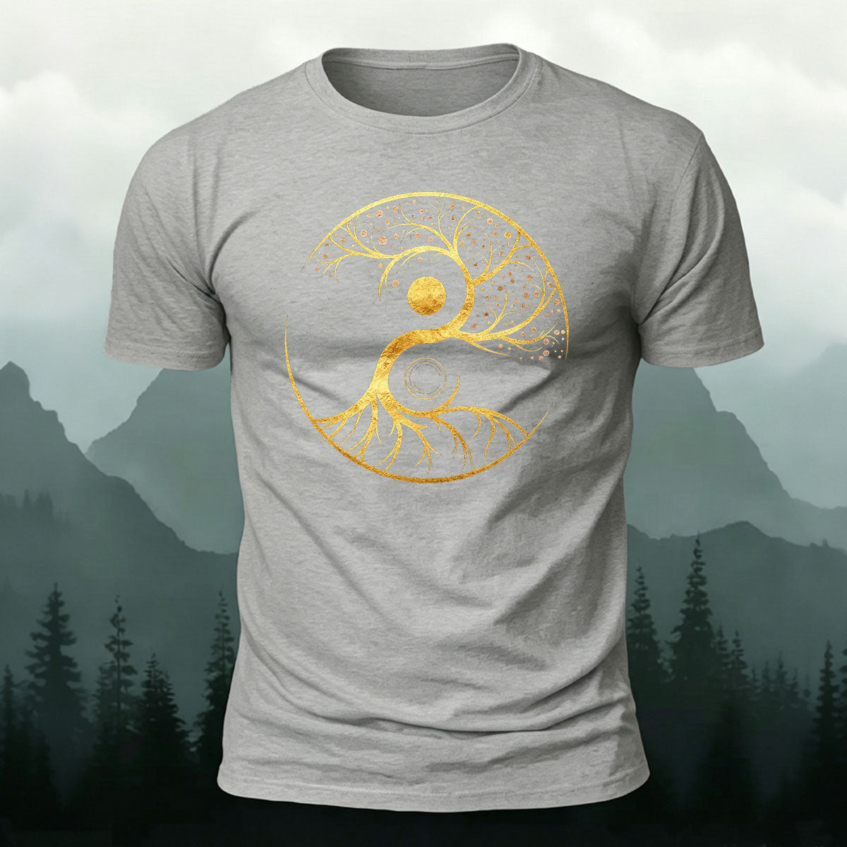 Creative Yin Yang Tree of Life Printed Premium Cotton T‑shirt