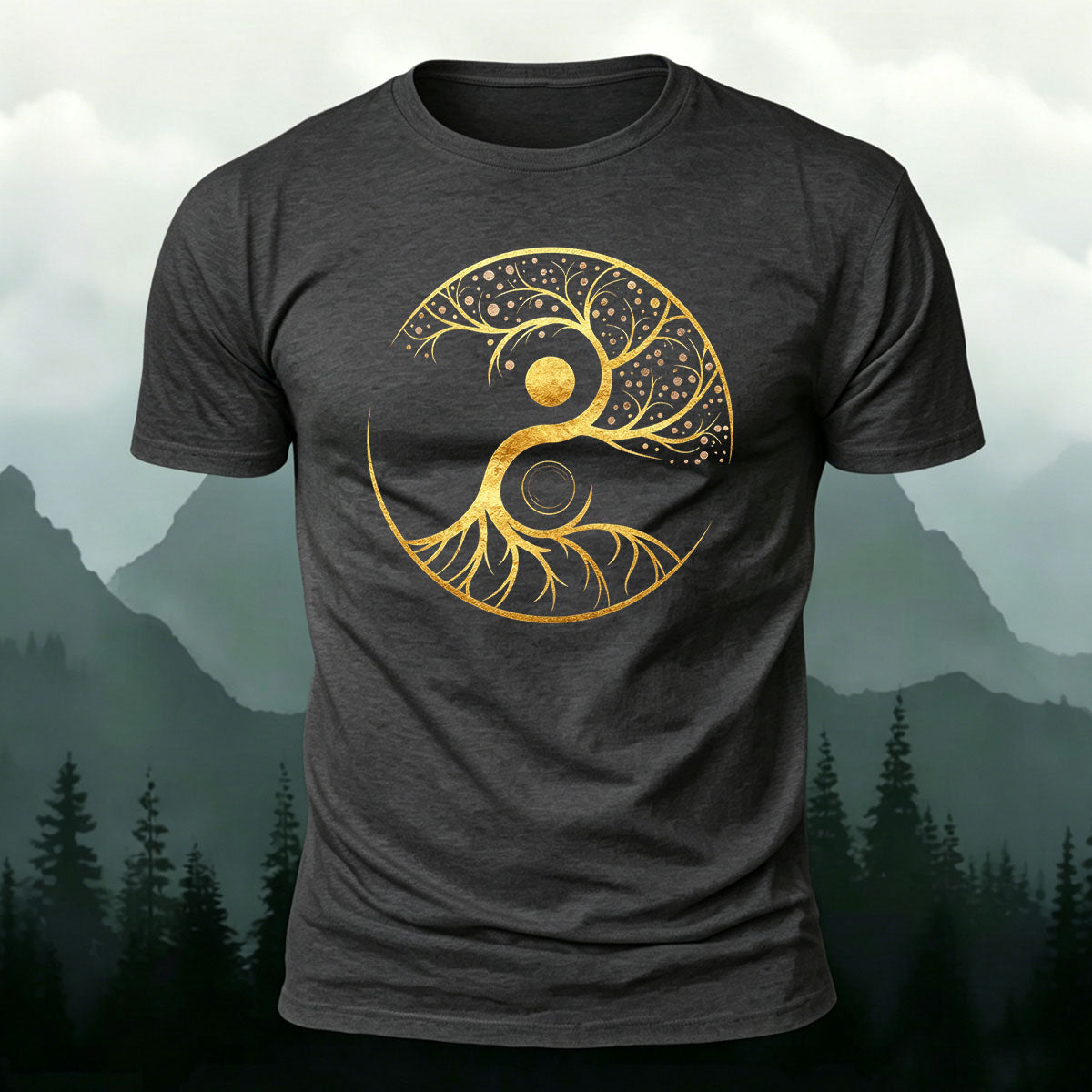 Creative Yin Yang Tree of Life Printed Premium Cotton T‑shirt