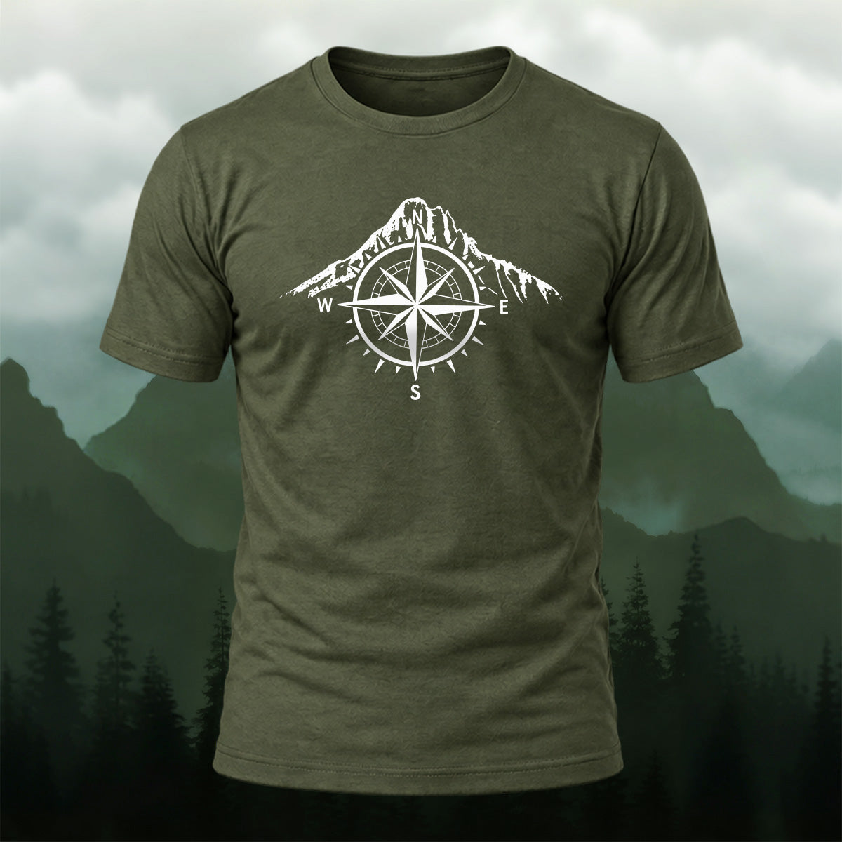 Vintage Mountain Compass Emblem Cotton T-Shirt