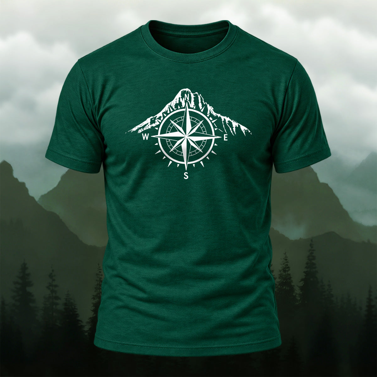 Vintage Mountain Compass Emblem Cotton T-Shirt