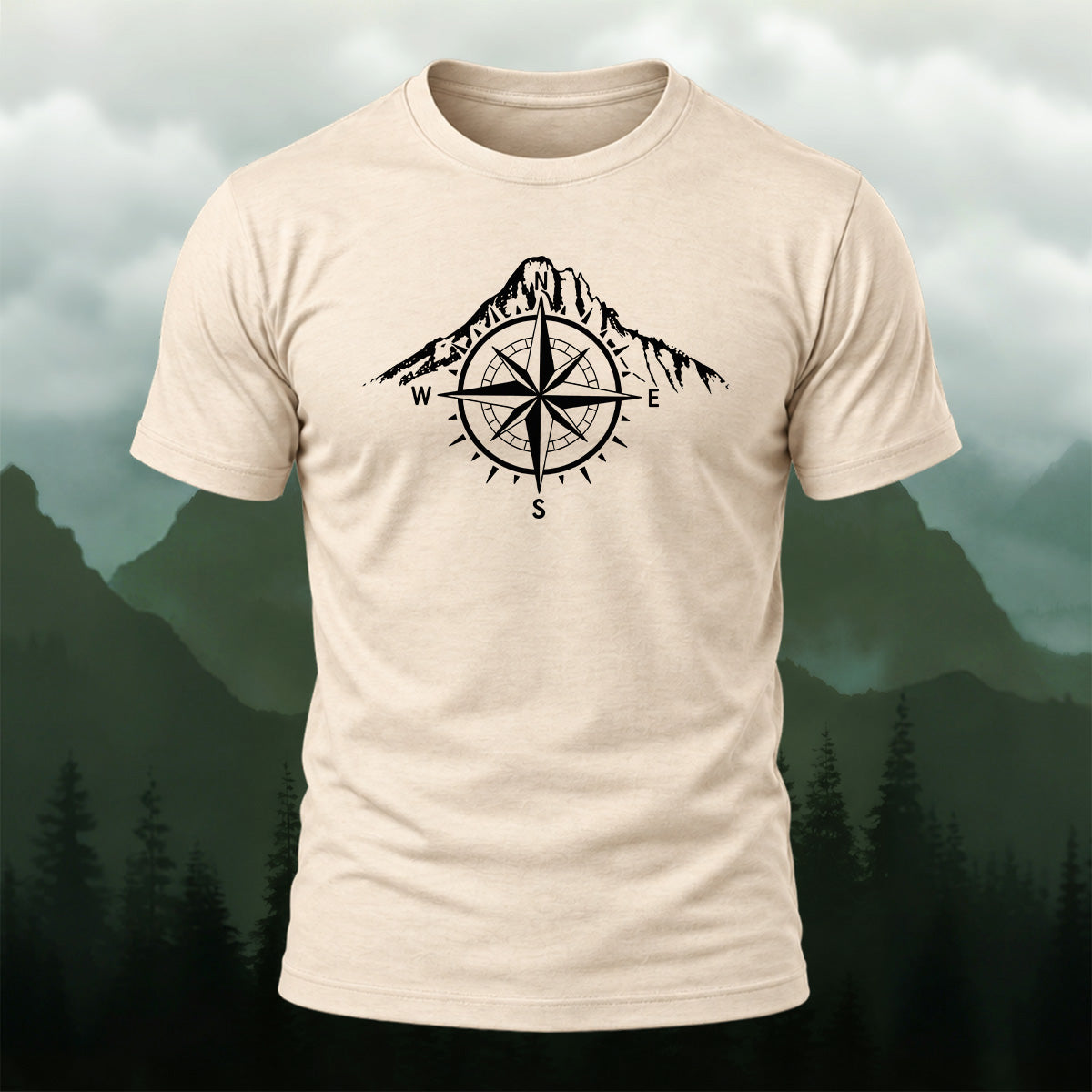 Vintage Mountain Compass Emblem Cotton T-Shirt