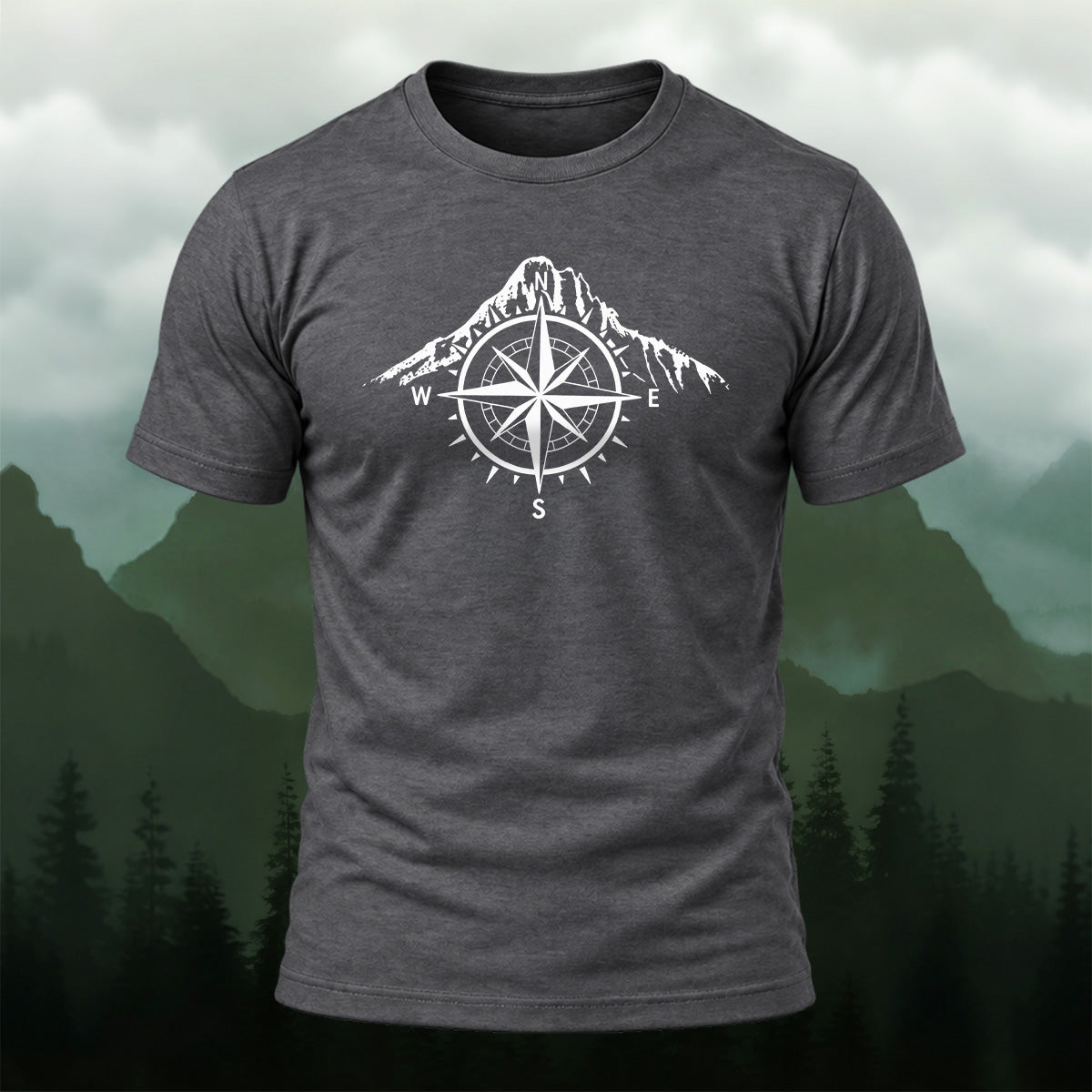 Vintage Mountain Compass Emblem Cotton T-Shirt