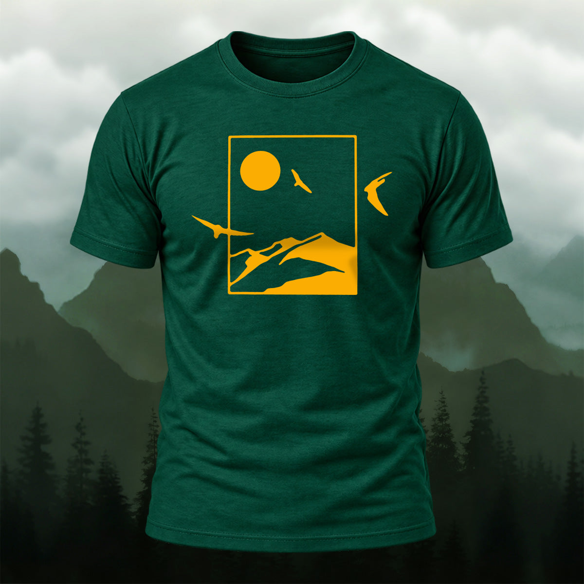 Golden Mountain Nature Silhouette Cotton T-Shirt