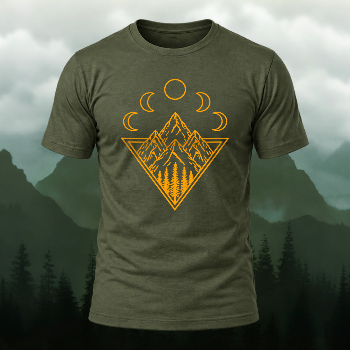 Mystical Mountain Moon Phase Cotton T-Shirt