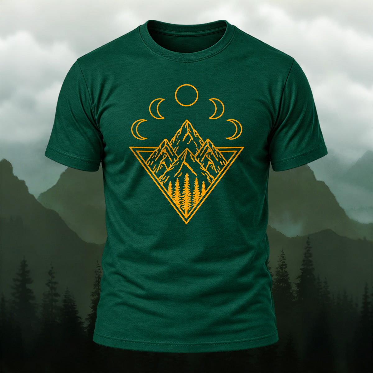 Mystical Mountain Moon Phase Cotton T-Shirt