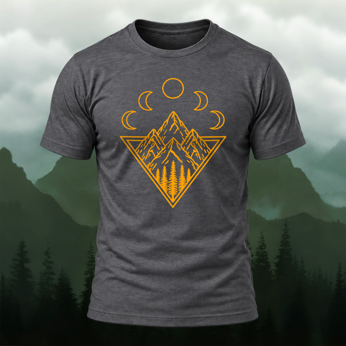 Mystical Mountain Moon Phase Cotton T-Shirt