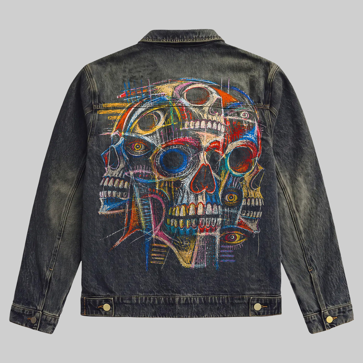 Vibrant Abstract Skull Denim Jacket