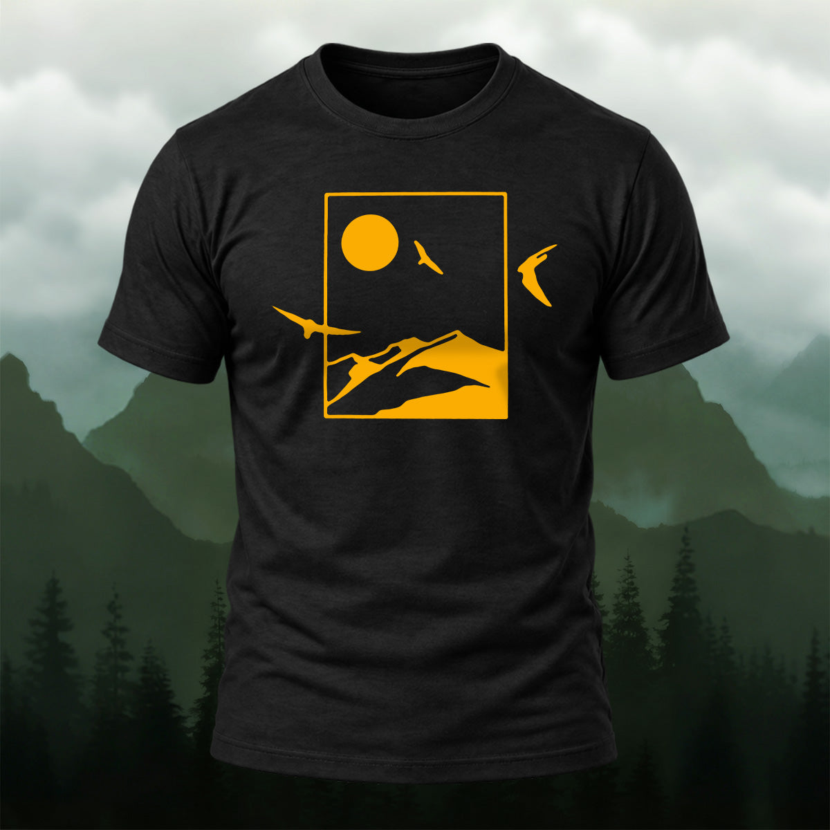 Golden Mountain Nature Silhouette Cotton T-Shirt