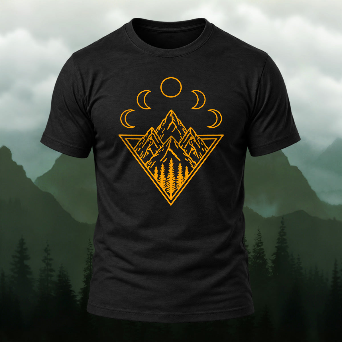 Mystical Mountain Moon Phase Cotton T-Shirt