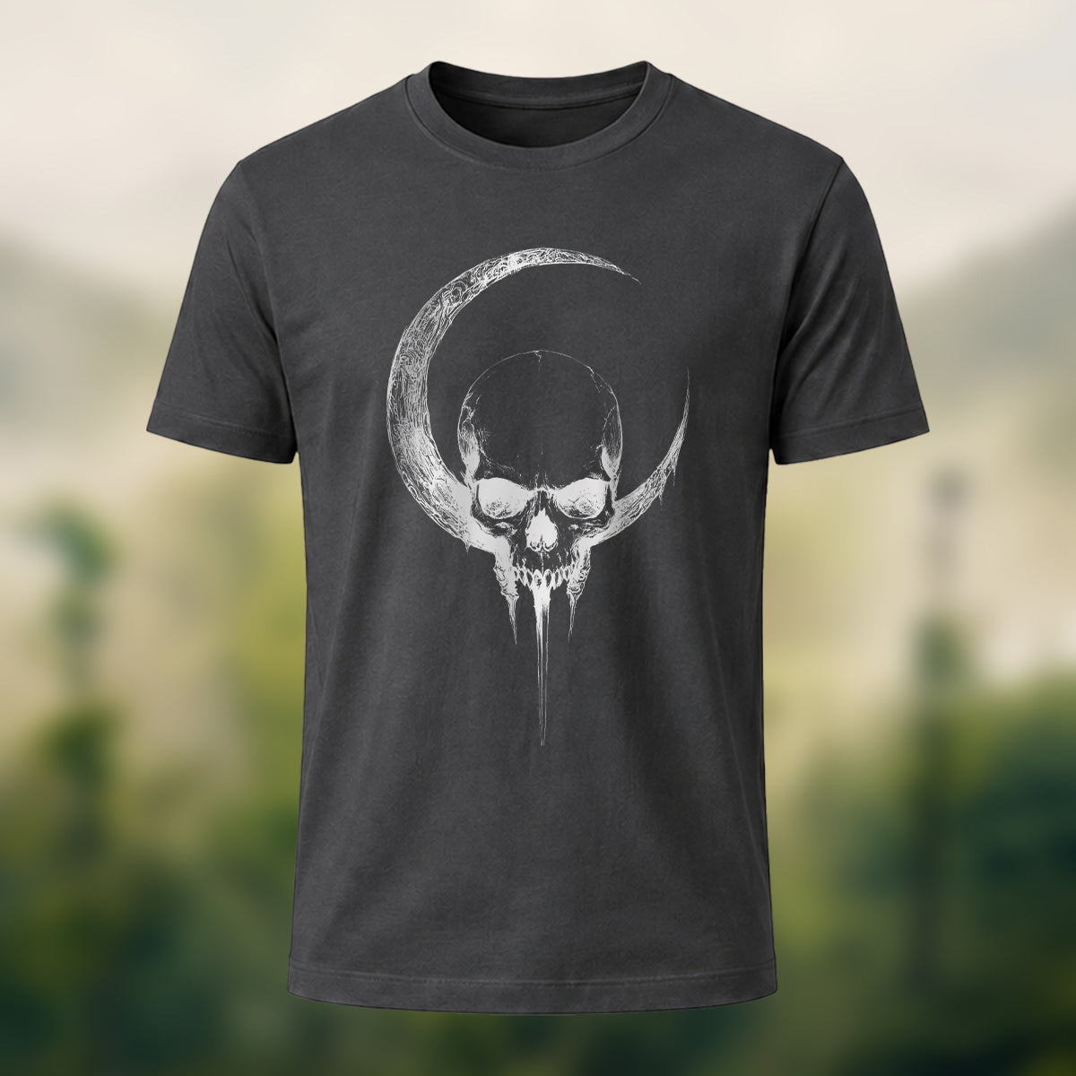 Crescent Moon Encircling Skull Print Soft Cotton Tee