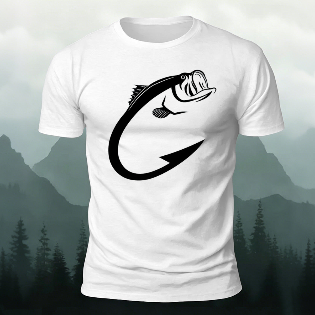 Creative Bass Fish Hook Pattern Combed Cotton T-Shirt
