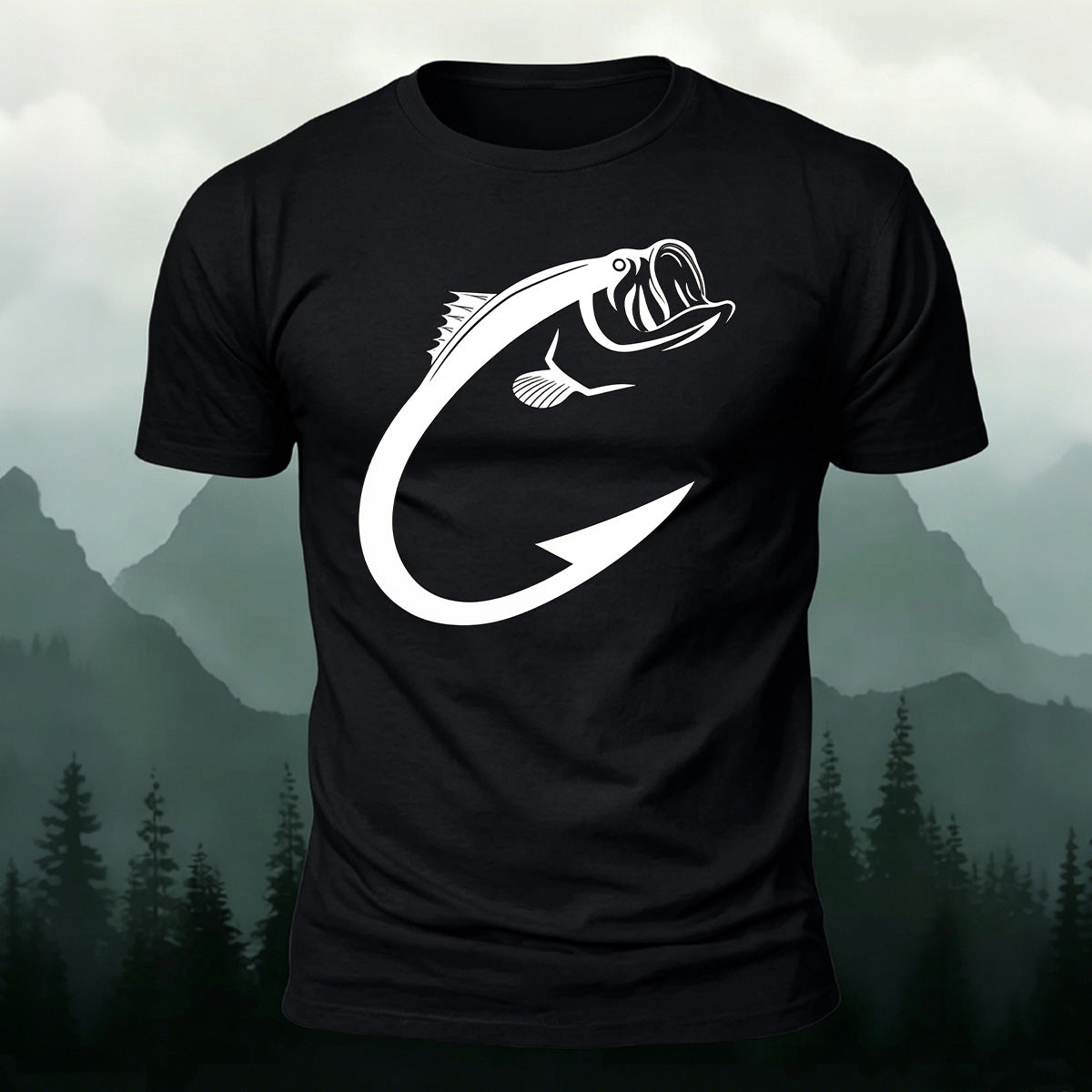 Creative Bass Fish Hook Pattern Combed Cotton T-Shirt