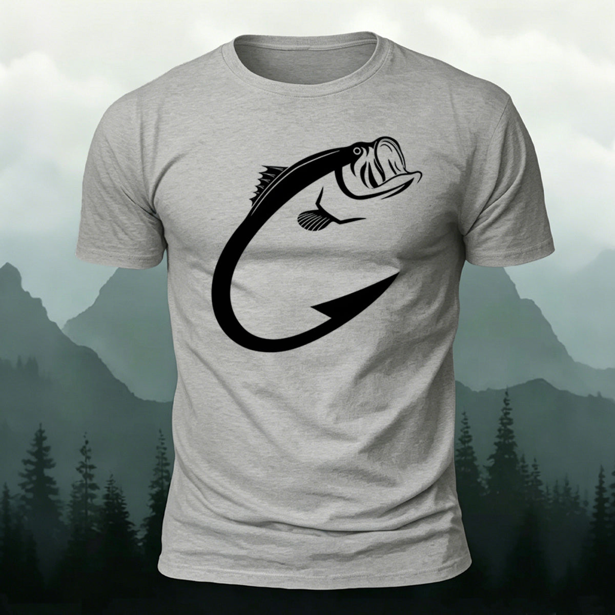 Creative Bass Fish Hook Pattern Combed Cotton T-Shirt