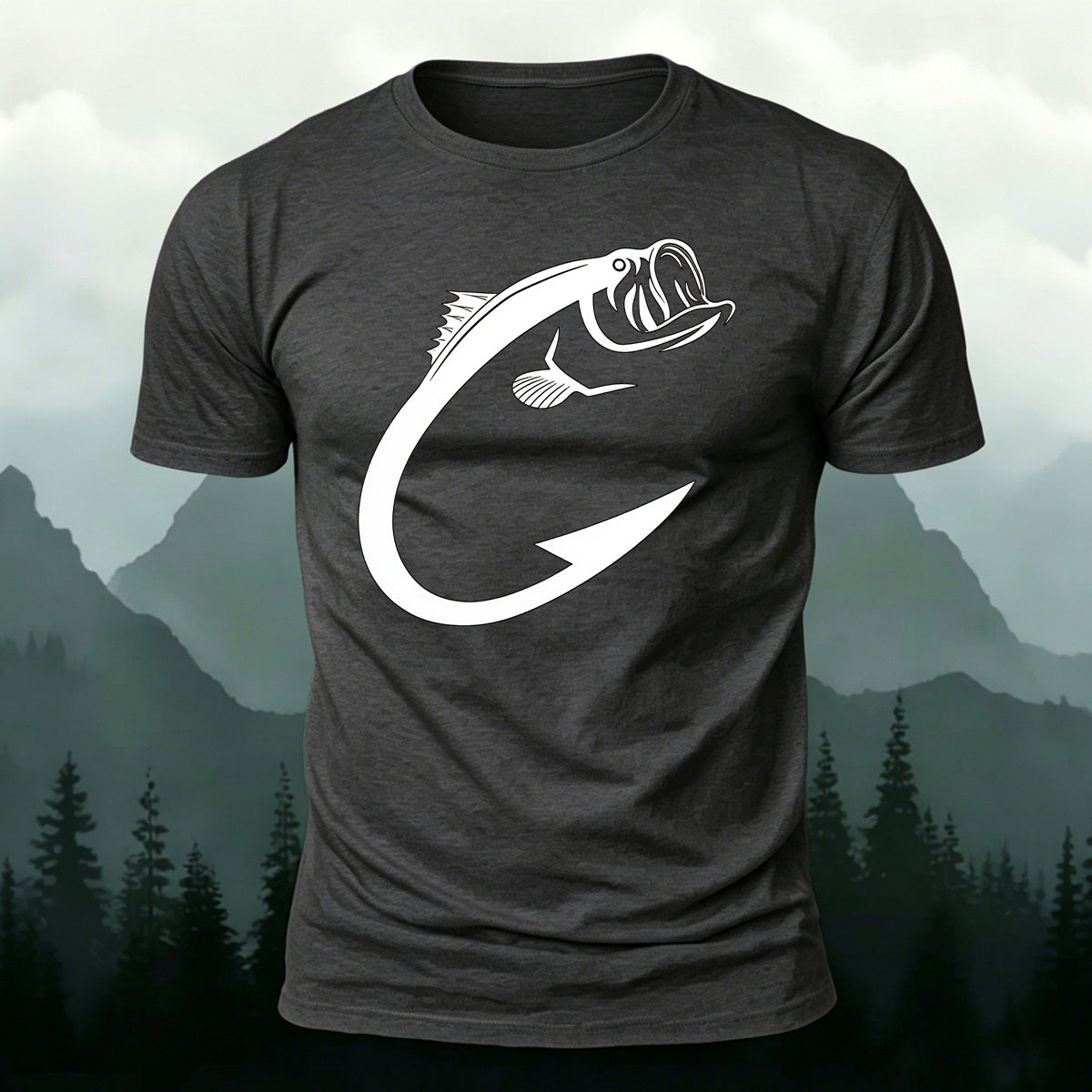 Creative Bass Fish Hook Pattern Combed Cotton T-Shirt