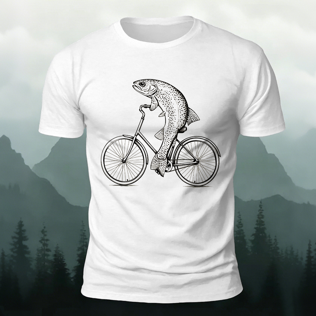 Fun Fish Riding Bicycle Print Soft Cotton T-shirt