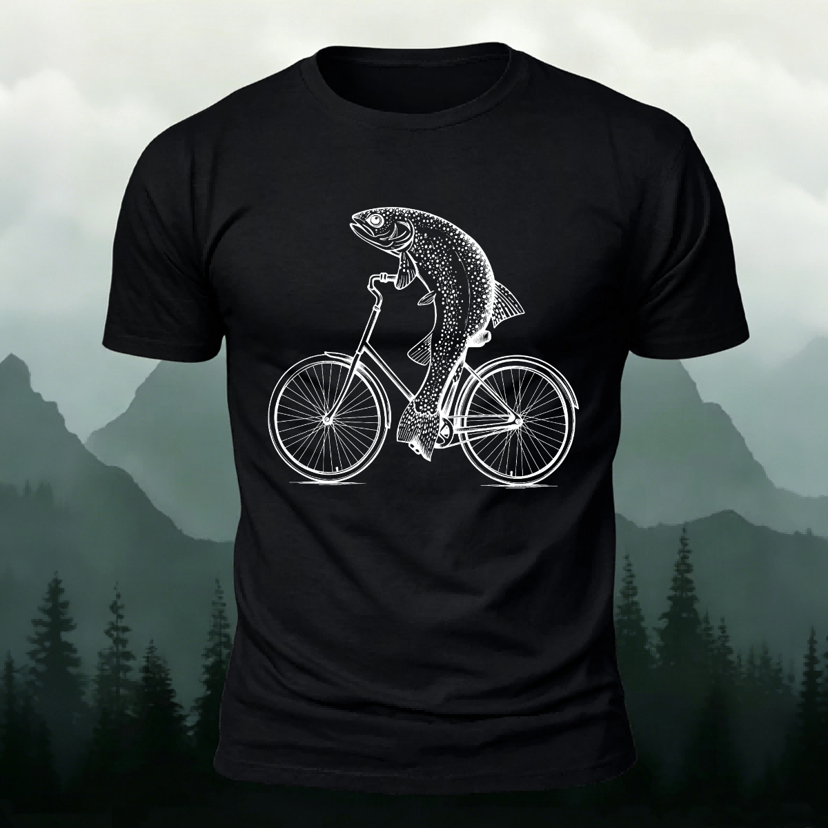 Fun Fish Riding Bicycle Print Soft Cotton T-shirt