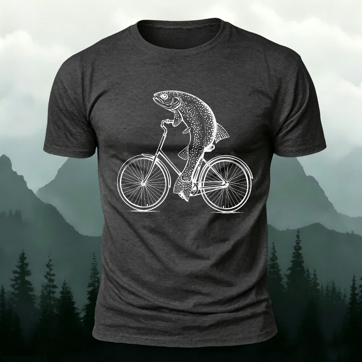 Fun Fish Riding Bicycle Print Soft Cotton T-shirt
