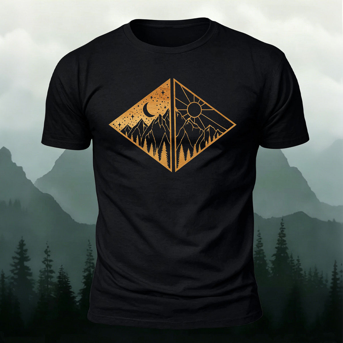 Landscape Art Frame Printed Mountain-style Casual T-Shirt