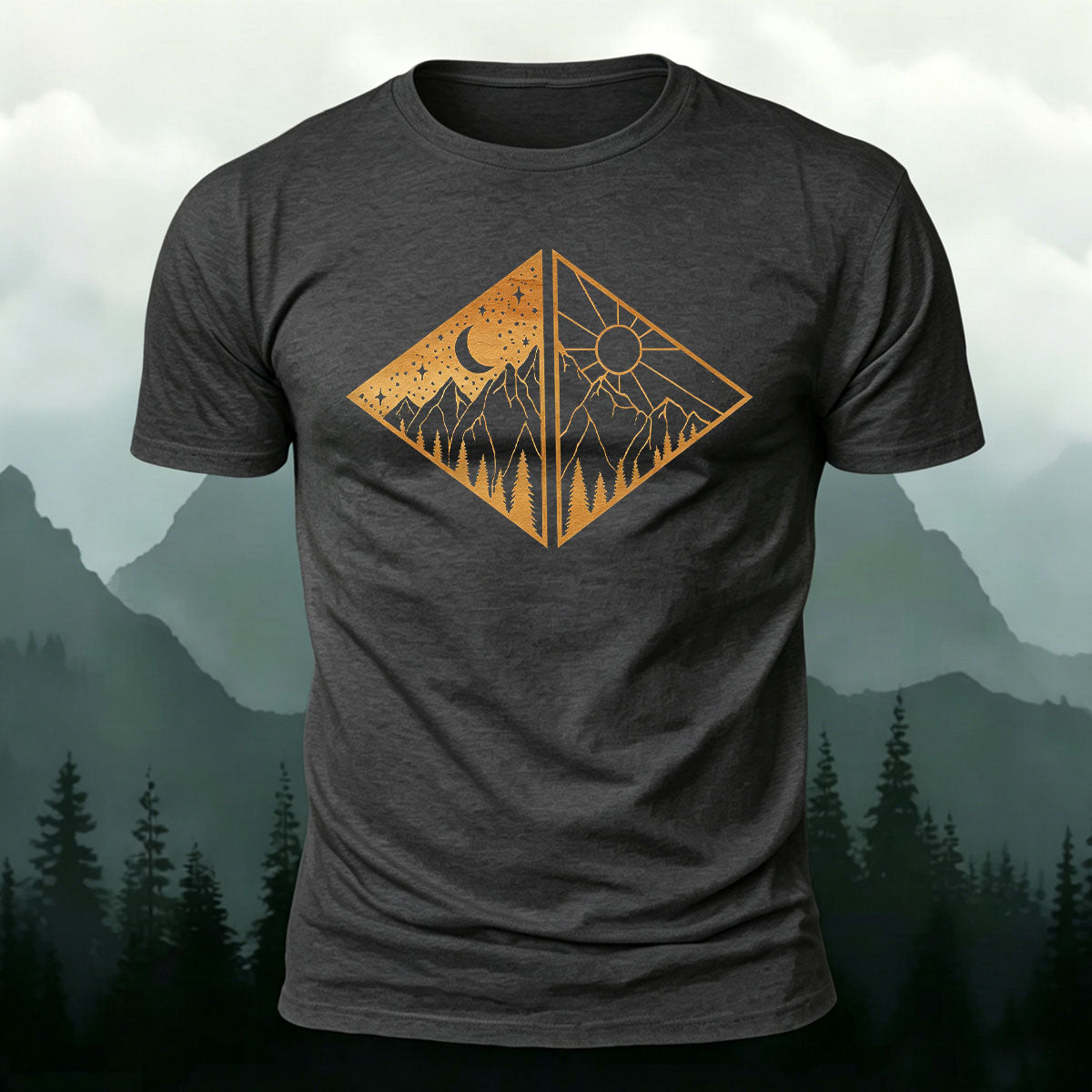 Landscape Art Frame Printed Mountain-style Casual T-Shirt