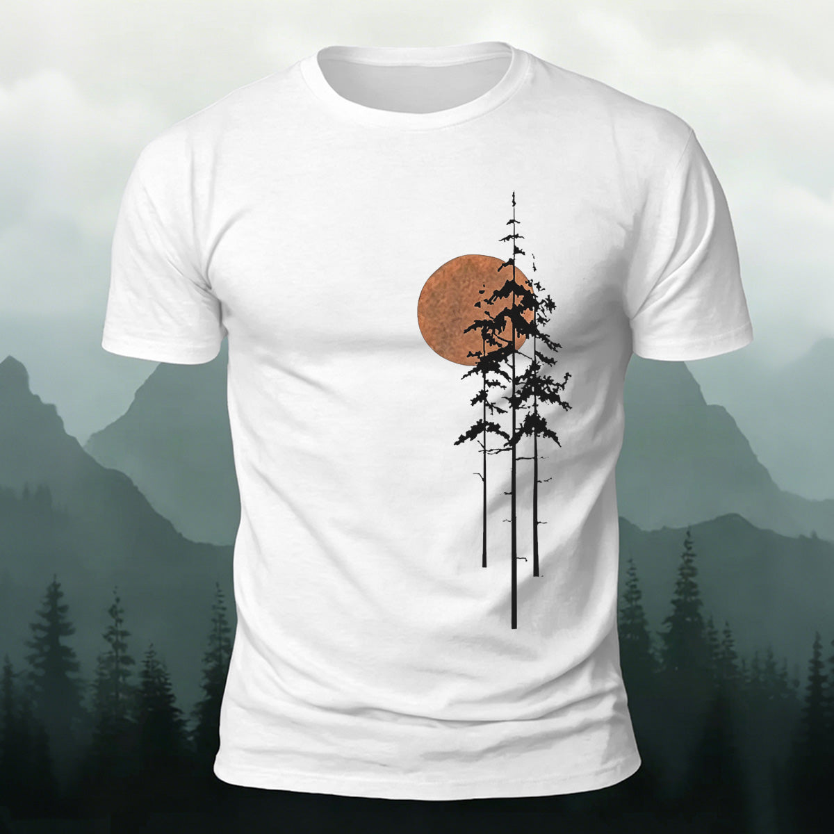 Retro Sunset Pine Tree Print Cotton T-Shirt
