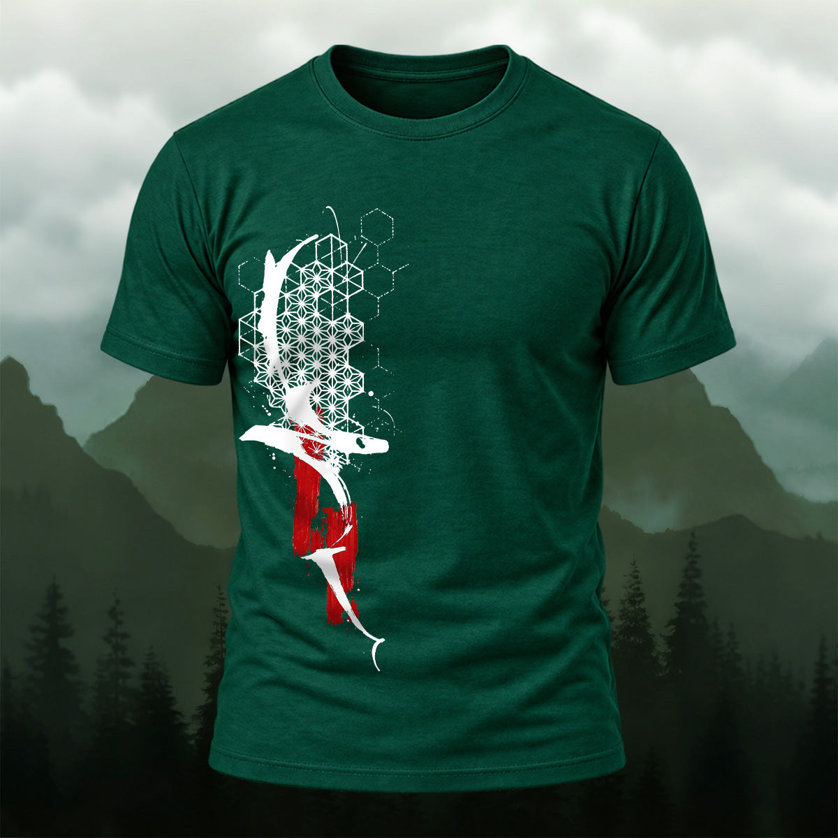 Abstract Geometric Print Soft Cotton T-Shirt Forest Green
