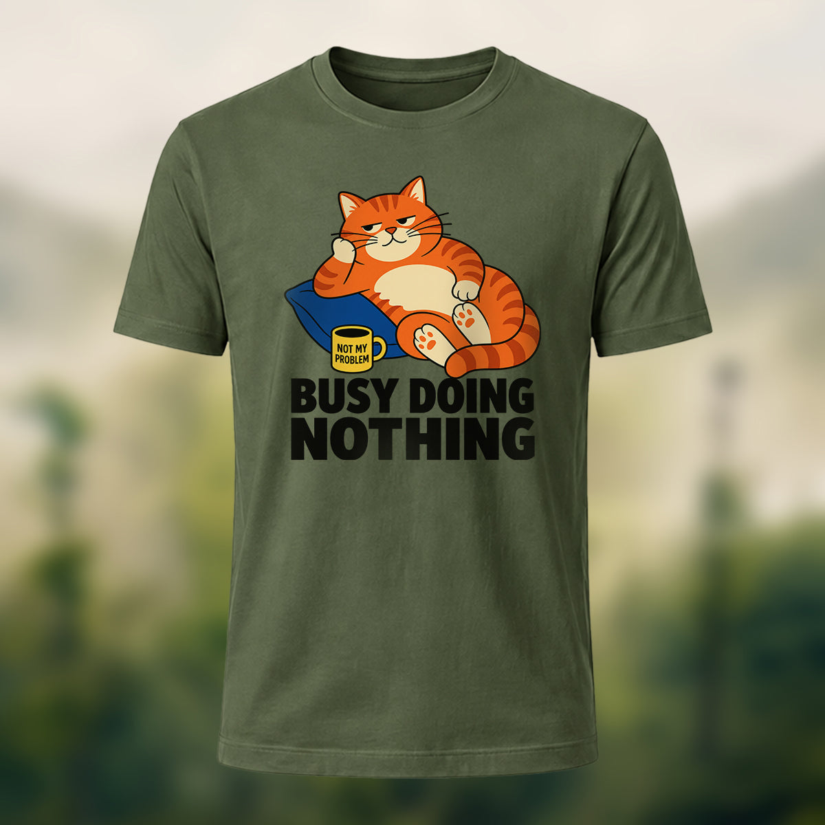 Laid-Back Cozy Cat Soft Cotton T-Shirt Olive Green