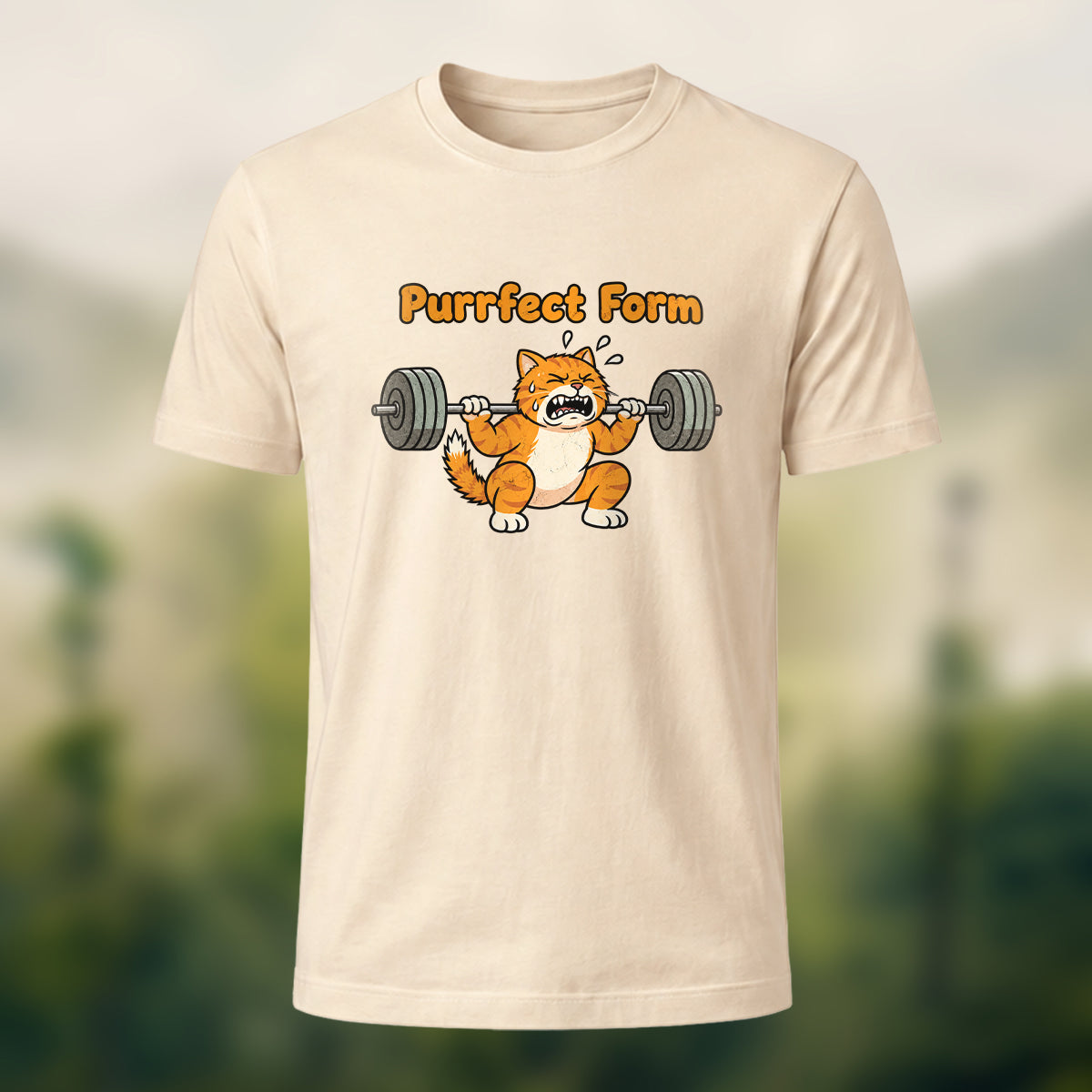 Humorous Fitness Cat Premium Cotton T-Shirt Beige