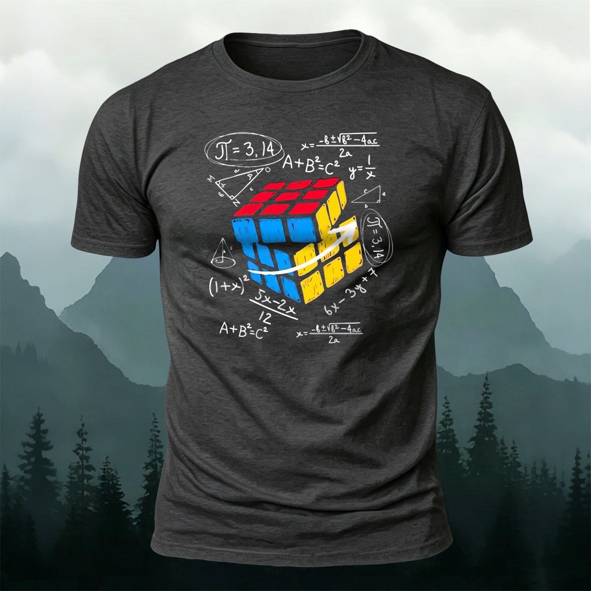 Rubik's Cube Print Casual Soft Cotton T-Shirt Charcoal