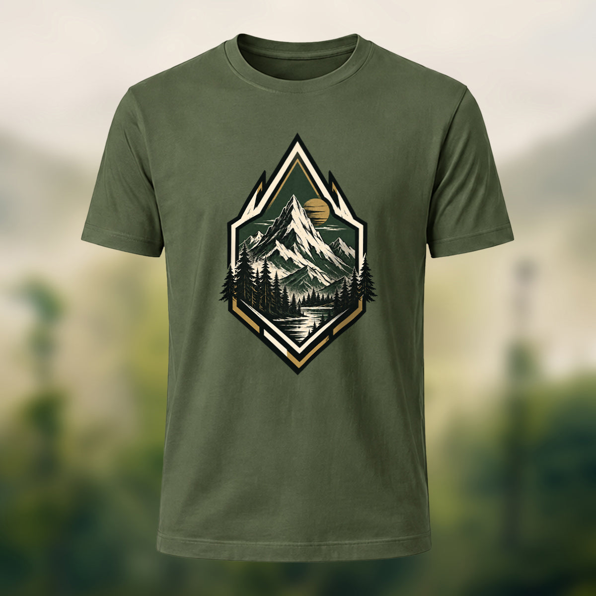 Vintage Wilderness Mountain Badge Cotton T-Shirt Olive Green