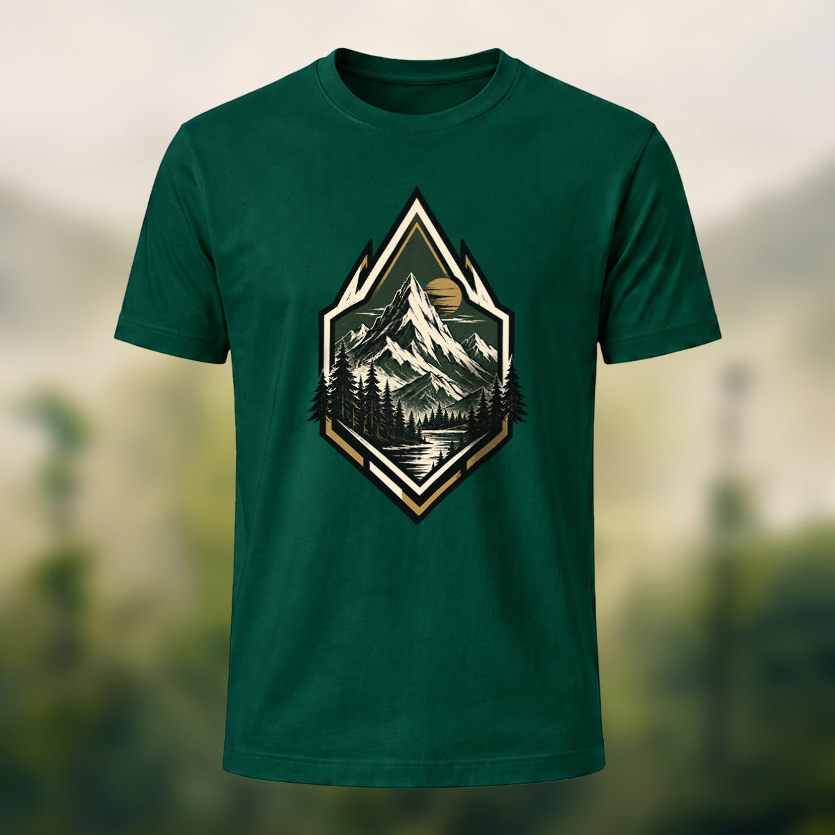 Vintage Wilderness Mountain Badge Cotton T-Shirt Forest Green