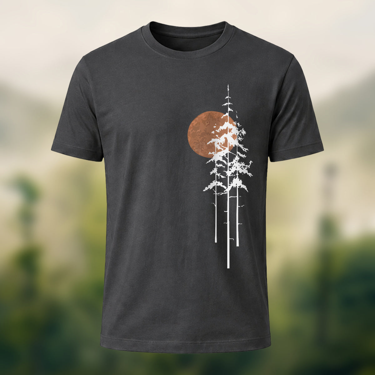 Retro Sunset Pine Tree Print Cotton T-Shirt Charcoal