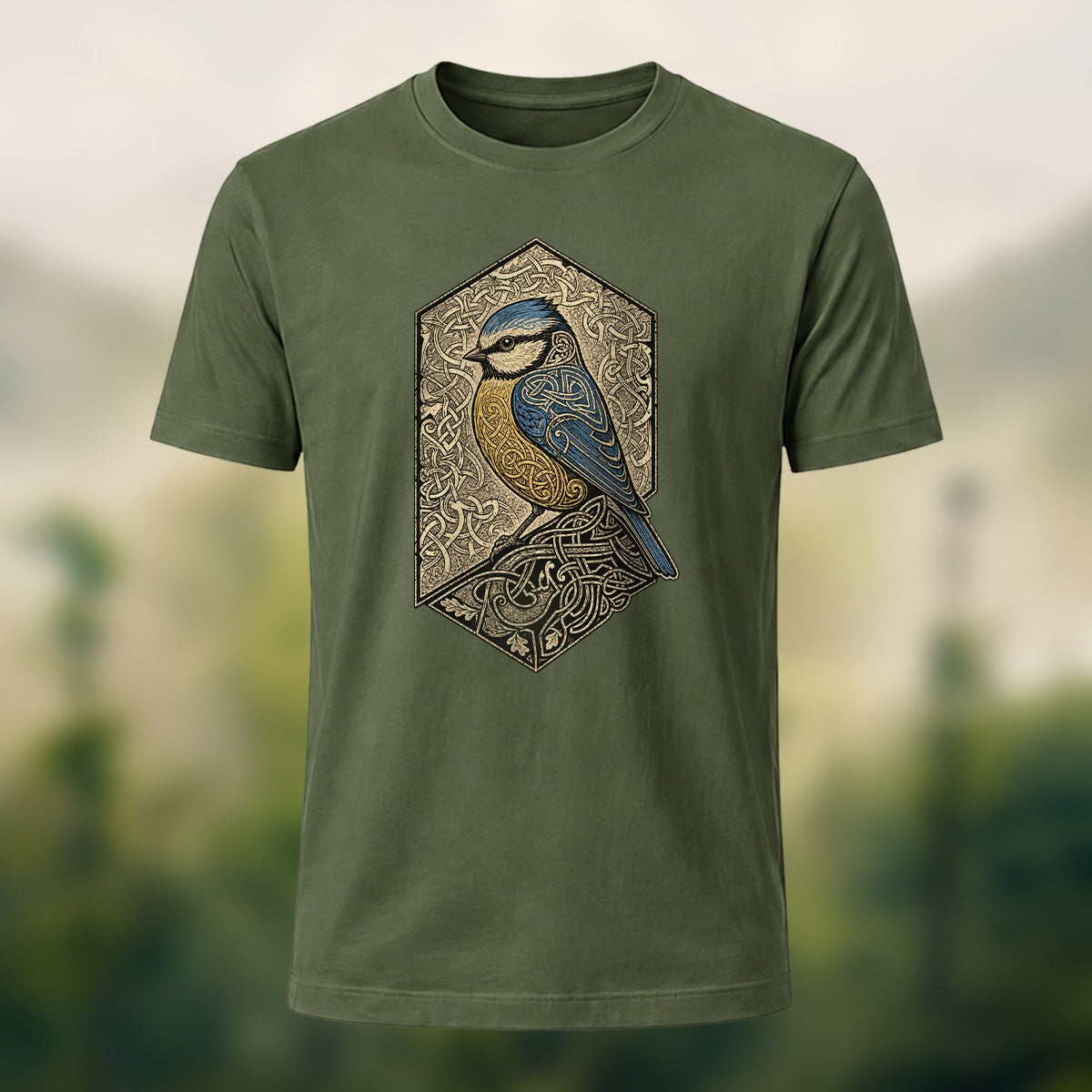 Mystical Celtic Bird Premium Cotton T-Shirt Olive Green