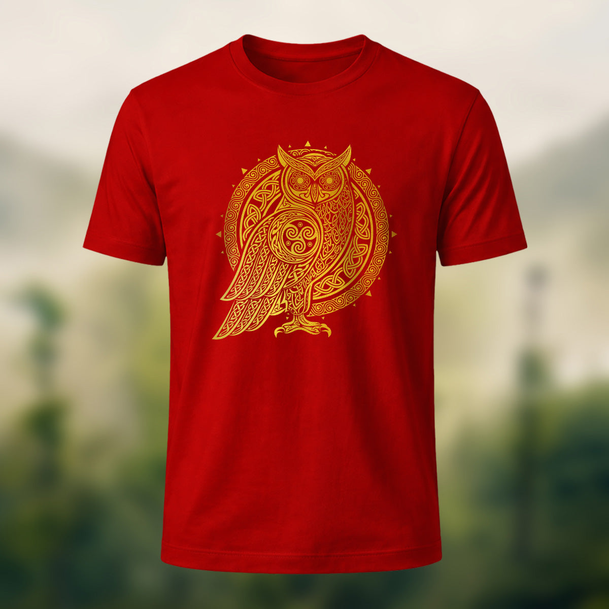Owl Totem Print Casual Cotton T-Shirt Red
