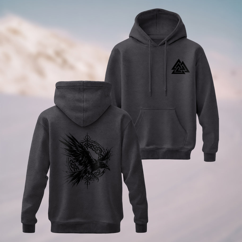 Cotton Made Viking Raven Print Hoodie Charcoal