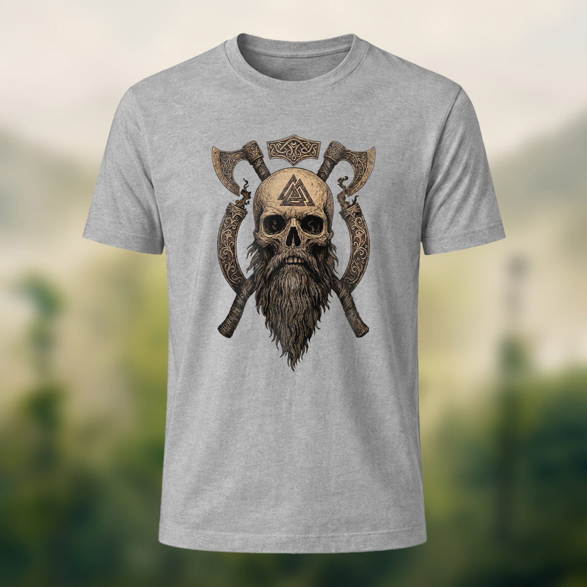 Nordic Warrior Skeleton Print Casual Soft Cotton T-Shirt Heather Grey
