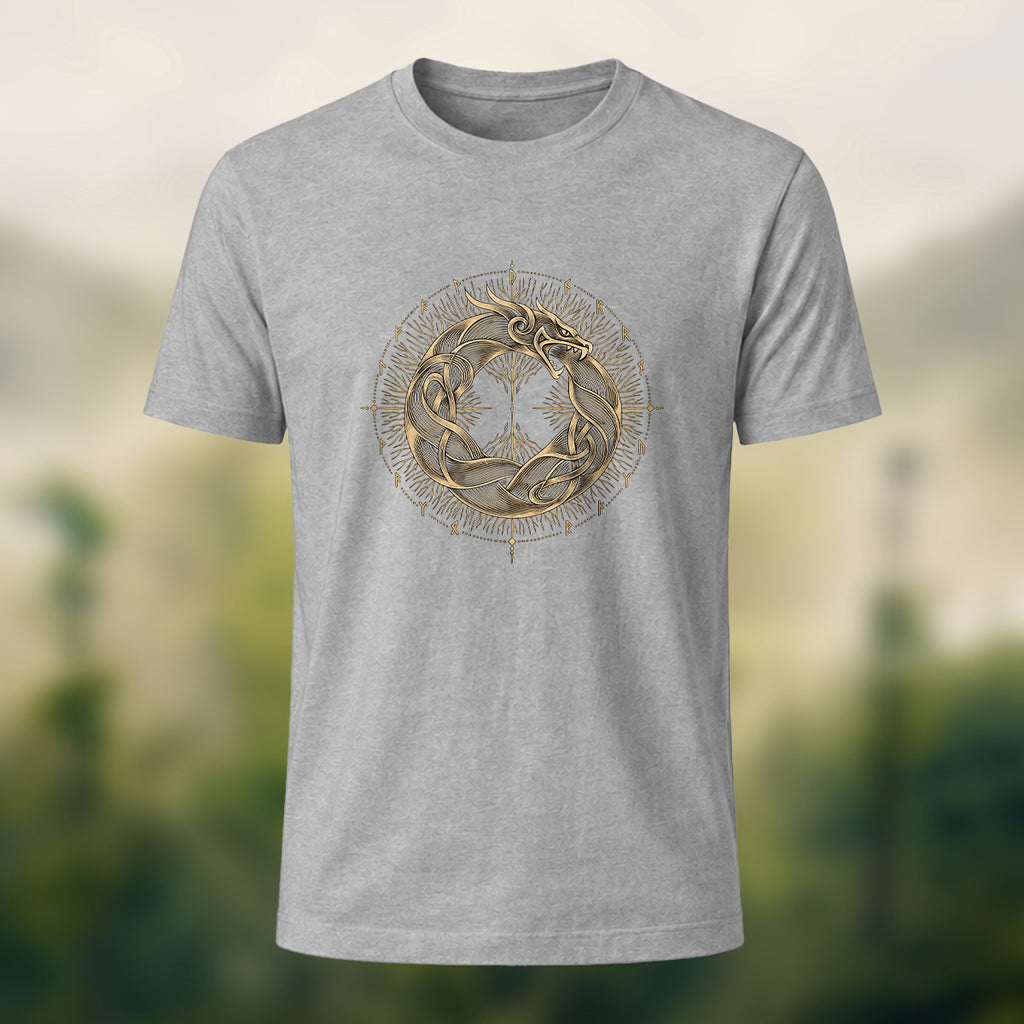 Viking Dragon Print Casual Cotton T-Shirt Heather Grey