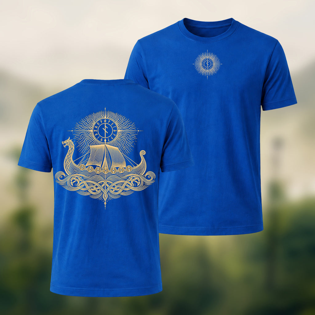 Viking Longship Print Casual Cotton T-Shirt Royal Blue