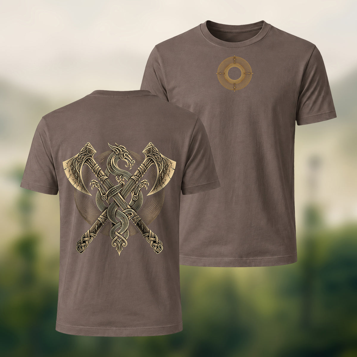 Vintage Viking Axe Print Premium Cotton T-Shirt Coffee
