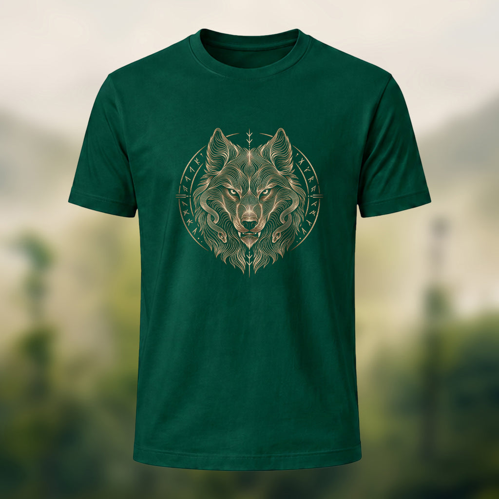 Viking Wolf Print Casual Cotton T-Shirt Forest Green