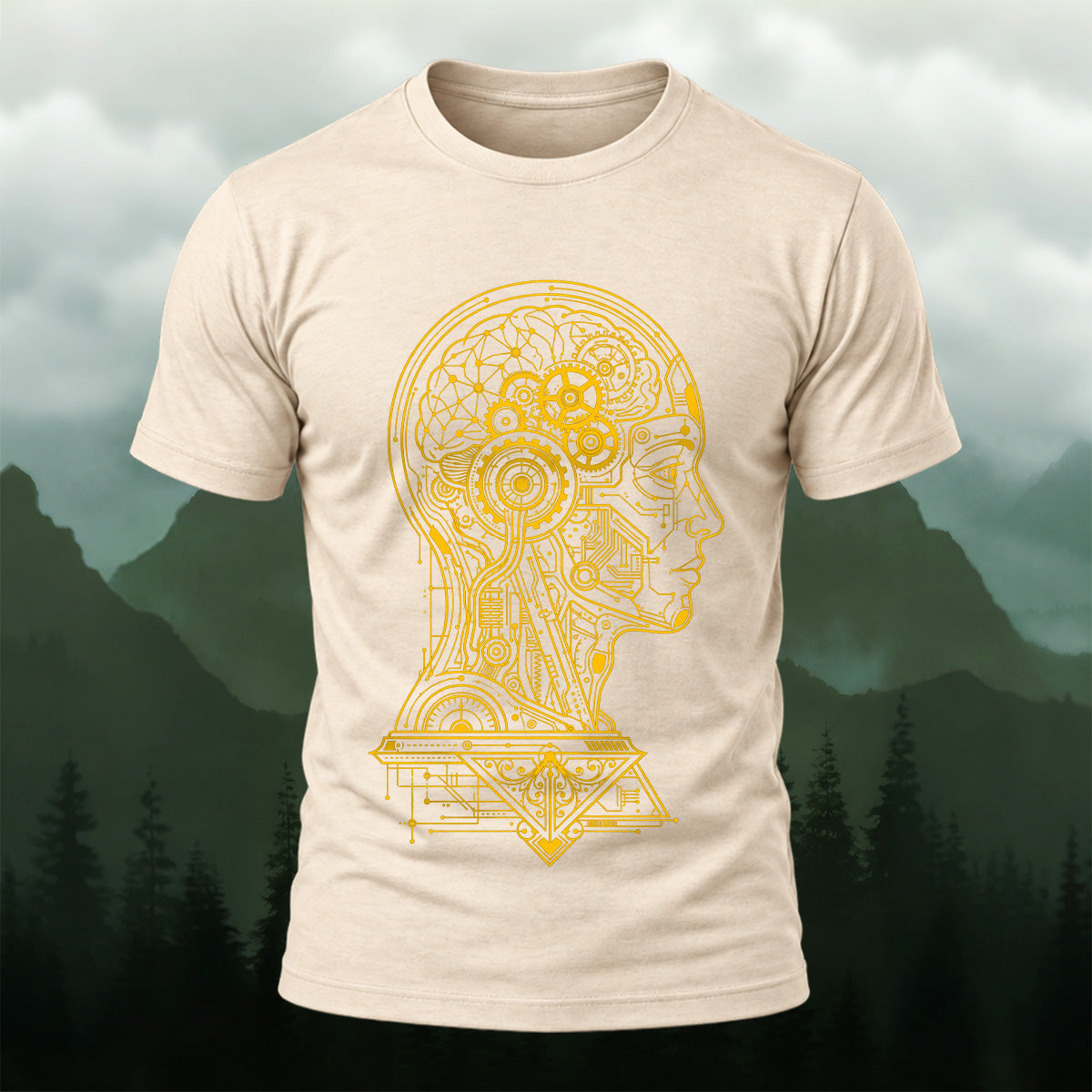 Futuristic Mechanical Brain Combed Cotton T-Shirt Beige